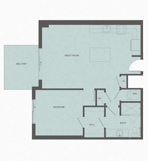 Floor plan for 1 bed, 1 bath, 808 sqft